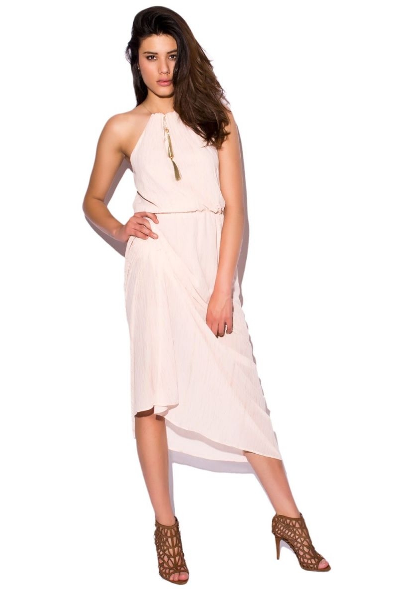 vestido rosa palo y dorado largo de tirante